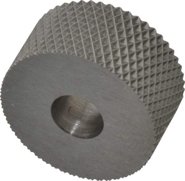 Made in USA - 3/4" Diam, 90° Tooth Angle, 25 TPI, Standard (Shape), Form Type High Speed Steel Female Diamond Knurl Wheel - 3/8" Face Width, 1/4" Hole, Circular Pitch, 30° Helix, Bright Finish, Series KP - Exact Industrial Supply