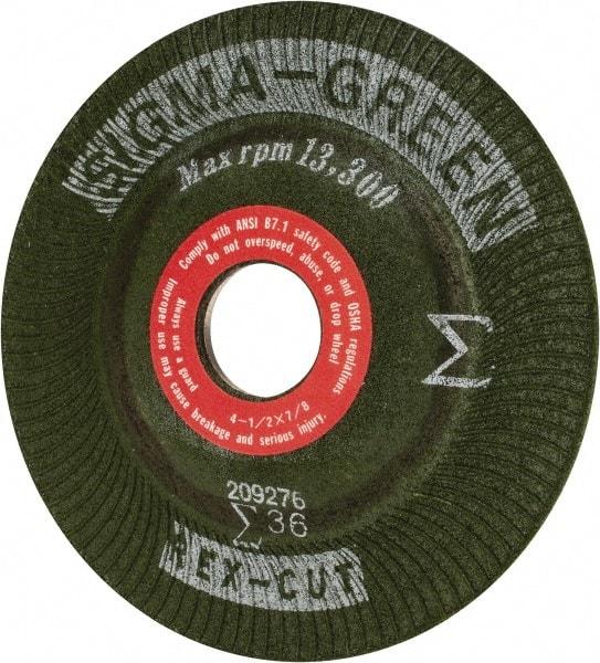 Rex Cut Product - 36 Grit, 4-1/2" Wheel Diam, 7/8" Arbor Hole, Type 27 Depressed Center Wheel - Ceramic, 13,300 Max RPM, Compatible with Angle Grinder - Americas Industrial Supply