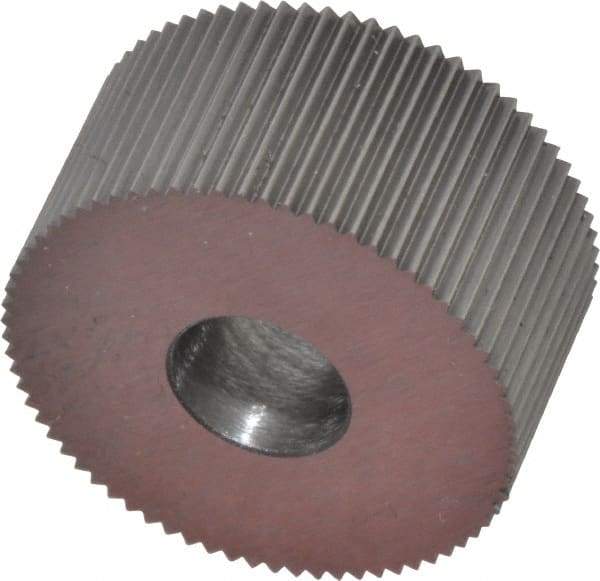 Made in USA - 3/4" Diam, 80° Tooth Angle, Standard (Shape), Form Type High Speed Steel Straight Knurl Wheel - 3/8" Face Width, 1/4" Hole, 96 Diametral Pitch, Bright Finish, Series KP - Exact Industrial Supply