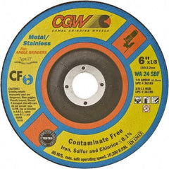 Camel Grinding Wheels - 24 Grit, 6" Wheel Diam, 1/8" Wheel Thickness, Type 27 Depressed Center Wheel - Coarse Grade, Aluminum Oxide, Resinoid Bond, 10,200 Max RPM - Americas Industrial Supply