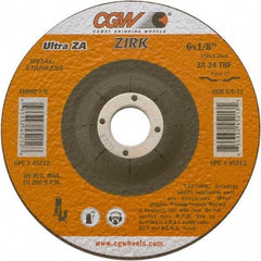 Camel Grinding Wheels - 24 Grit, 6" Wheel Diam, 1/8" Wheel Thickness, 7/8" Arbor Hole, Type 27 Depressed Center Wheel - Coarse Grade, Zirconia Alumina, Resinoid Bond, 10,200 Max RPM - Americas Industrial Supply