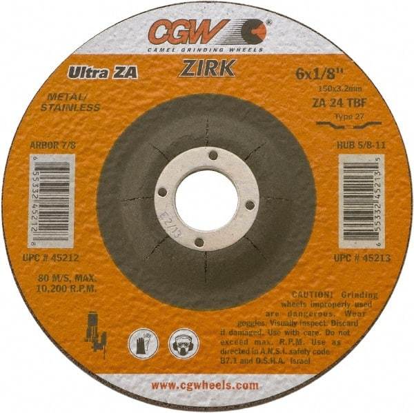 Camel Grinding Wheels - 24 Grit, 9" Wheel Diam, 1/8" Wheel Thickness, Type 27 Depressed Center Wheel - Coarse Grade, Zirconia Alumina, Resinoid Bond, 6,650 Max RPM - Americas Industrial Supply