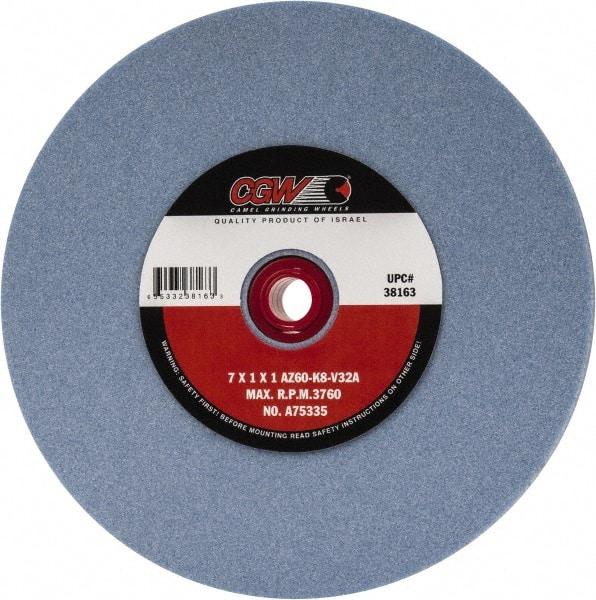 Camel Grinding Wheels - 60 Grit Aluminum Oxide Bench & Pedestal Grinding Wheel - 7" Diam x 1" Hole x 1" Thick, 3760 Max RPM, K Hardness, Medium Grade , Vitrified Bond - Americas Industrial Supply