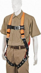 Miller - 400 Lb Capacity, Size Universal, Full Body Construction Safety Harness - Polyester, Tongue Leg Strap, Mating Chest Strap, Orange/Black - Americas Industrial Supply