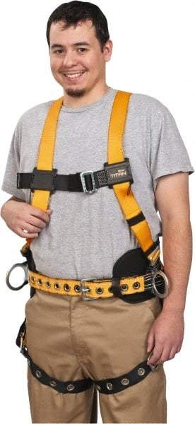 Miller - 400 Lb Capacity, Size Universal, Full Body Construction Safety Harness - Polyester, Side D-Ring, Tongue Leg Strap, Mating Chest Strap, Yellow/Black - Americas Industrial Supply