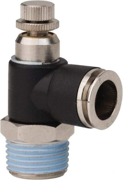 PRO-SOURCE - 1/2" NPT x 1/2" Tube OD Right Angle Flow Control Valve - 0 to 113.76 psi & Techno Polymer, Brass, Steel Material - Americas Industrial Supply