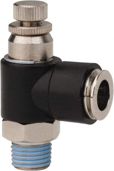 PRO-SOURCE - 1/4" NPT x 3/8" Tube OD Right Angle Flow Control Valve - 0 to 113.76 psi & Techno Polymer, Brass, Steel Material - Americas Industrial Supply