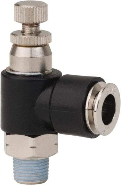 PRO-SOURCE - 1/8" NPT x 5/16" Tube OD Right Angle Flow Control Valve - 0 to 113.76 psi & Techno Polymer, Brass, Steel Material - Americas Industrial Supply