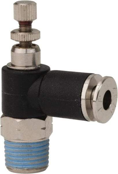 PRO-SOURCE - 1/8" NPT x 5/32" Tube OD Right Angle Flow Control Valve - 0 to 113.76 psi & Techno Polymer, Brass, Steel Material - Americas Industrial Supply