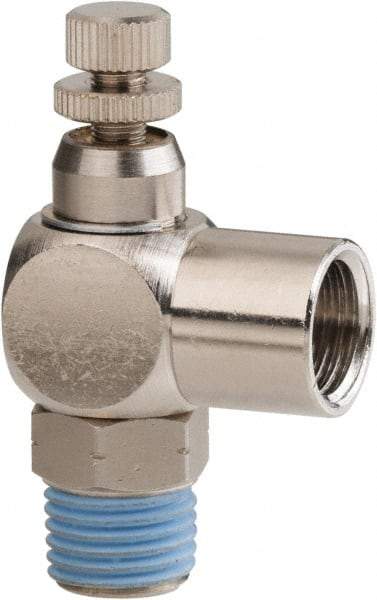PRO-SOURCE - 1/4" Male NPT x 1/4" Female NPT Right Angle Flow Control Valve - 0 to 113.76 psi & Nickel Plated Brass Material - Americas Industrial Supply