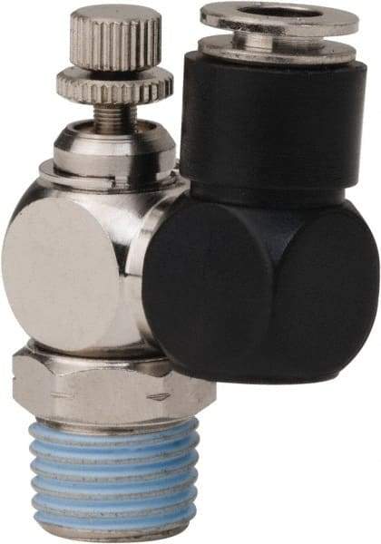 PRO-SOURCE - 1/4" Male NPT x 1/4" Tube OD Flow Control Offset Inline Valve - 0 to 113.76 psi & Techno Polymer, Brass, Steel Material - Americas Industrial Supply