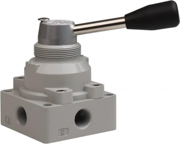 Value Collection - 3/8" NPT Manual Mechanical Valve - 4-Way, 3 Position with L Cock Device, 0.976 CV Rate & 127.98 Max psi - Americas Industrial Supply