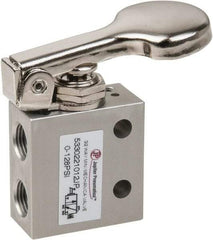 PRO-SOURCE - 1/8" NPT 3 Way, 2 Position Mini Mechanical Valve - 0.298 CV Rate, 7 CFM, 127.98 Max psi, Finger Button/Spring Actuator - Americas Industrial Supply