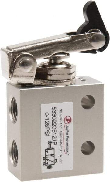 Value Collection - 1/8" NPT 3 Way, 2 Position Mini Mechanical Valve - 0.298 CV Rate, 7 CFM, 127.98 Max psi, One Way Roller/Spring Actuator - Americas Industrial Supply