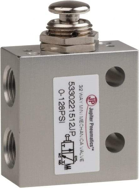 PRO-SOURCE - 1/8" NPT 3 Way, 2 Position Mini Mechanical Valve - 0.298 CV Rate, 7 CFM, 127.98 Max psi, Palm Button/Spring Actuator - Americas Industrial Supply