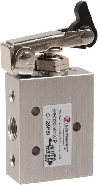 Value Collection - 1/8" NPT 5 Way, 2 Position Mini Mechanical Valve - 0.34 CV Rate, 9 CFM, 127.98 Max psi, One Way Roller/Spring Actuator - Americas Industrial Supply