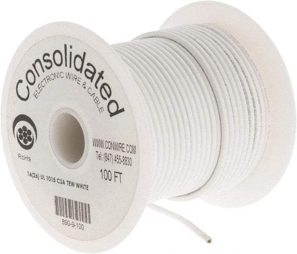 Made in USA - 16 AWG, 26 Strand, 100' OAL, Tinned Copper Hook Up Wire - White PVC Jacket, 0.117" Diam - Americas Industrial Supply