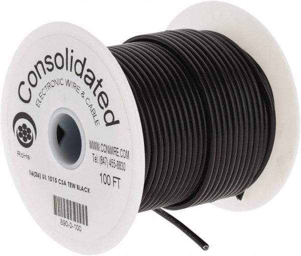 Made in USA - 16 AWG, 26 Strand, 100' OAL, Tinned Copper Hook Up Wire - Black PVC Jacket, 0.117" Diam - Americas Industrial Supply