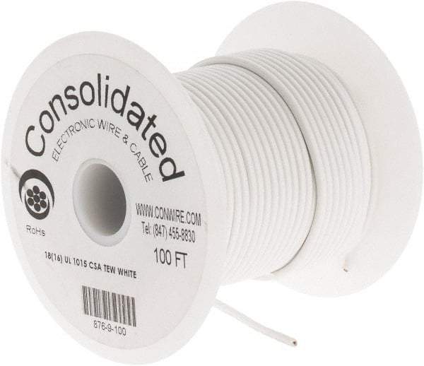 Made in USA - 18 AWG, 16 Strand, 100' OAL, Tinned Copper Hook Up Wire - White PVC Jacket, 0.106" Diam - Americas Industrial Supply