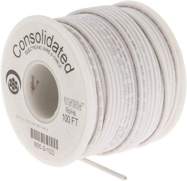 Made in USA - 22 AWG, 7 Strand, 100' OAL, Tinned Copper Hook Up Wire - White PVC Jacket, 0.091" Diam - Americas Industrial Supply