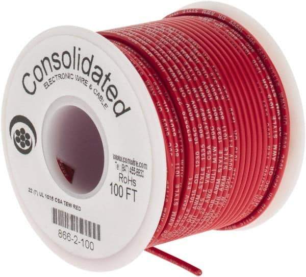 Made in USA - 22 AWG, 7 Strand, 100' OAL, Tinned Copper Hook Up Wire - Red PVC Jacket, 0.091" Diam - Americas Industrial Supply