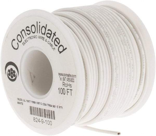 Made in USA - 16 AWG, 26 Strand, 100' OAL, Tinned Copper Hook Up Wire - White PVC Jacket, 0.092" Diam - Americas Industrial Supply