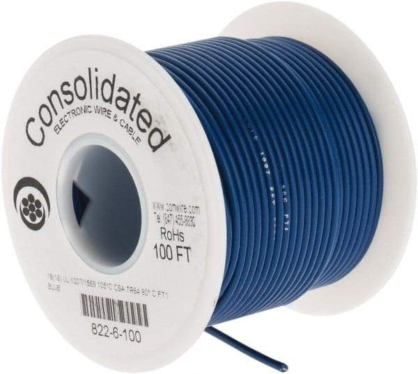 Made in USA - 18 AWG, 16 Strand, 100' OAL, Tinned Copper Hook Up Wire - Blue PVC Jacket, 0.08" Diam - Americas Industrial Supply