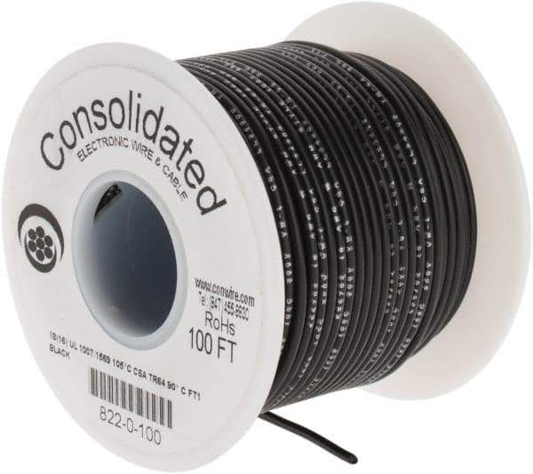 Made in USA - 18 AWG, 16 Strand, 100' OAL, Tinned Copper Hook Up Wire - Black PVC Jacket, 0.08" Diam - Americas Industrial Supply