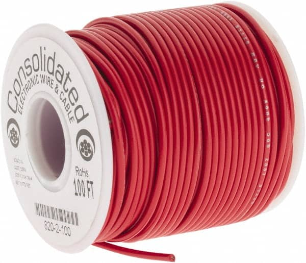 Made in USA - 20 AWG, 10 Strand, 100' OAL, Tinned Copper Hook Up Wire - Red PVC Jacket, 0.07" Diam - Americas Industrial Supply