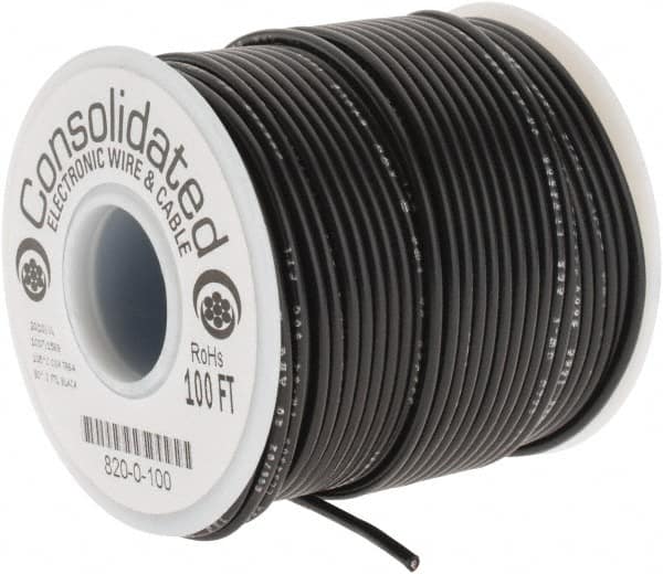 Made in USA - 20 AWG, 10 Strand, 100' OAL, Tinned Copper Hook Up Wire - Black PVC Jacket, 0.07" Diam - Americas Industrial Supply