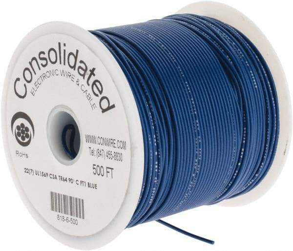 Made in USA - 22 AWG, 7 Strand, 500' OAL, Tinned Copper Hook Up Wire - Blue PVC Jacket, 0.062" Diam - Americas Industrial Supply