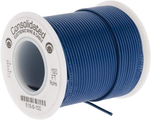 Made in USA - 22 AWG, 7 Strand, 100' OAL, Tinned Copper Hook Up Wire - Blue PVC Jacket, 0.062" Diam - Americas Industrial Supply