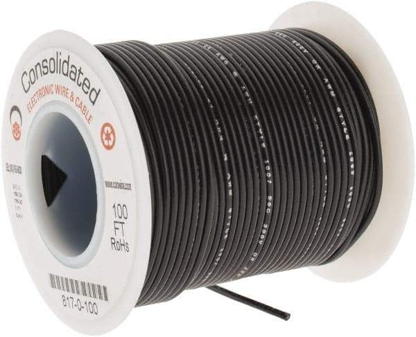 Made in USA - 24 AWG, 7 Strand, 100' OAL, Tinned Copper Hook Up Wire - Black PVC Jacket, 0.056" Diam - Americas Industrial Supply