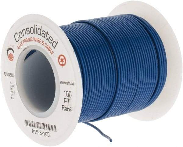 Made in USA - 26 AWG, 7 Strand, 100' OAL, Tinned Copper Hook Up Wire - Blue PVC Jacket, 0.051" Diam - Americas Industrial Supply