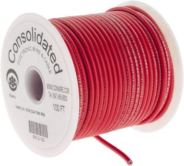 Made in USA - 14 AWG, 41 Strand, 100' OAL, Tinned Copper Hook Up Wire - Red PVC Jacket, 0.136" Diam - Americas Industrial Supply