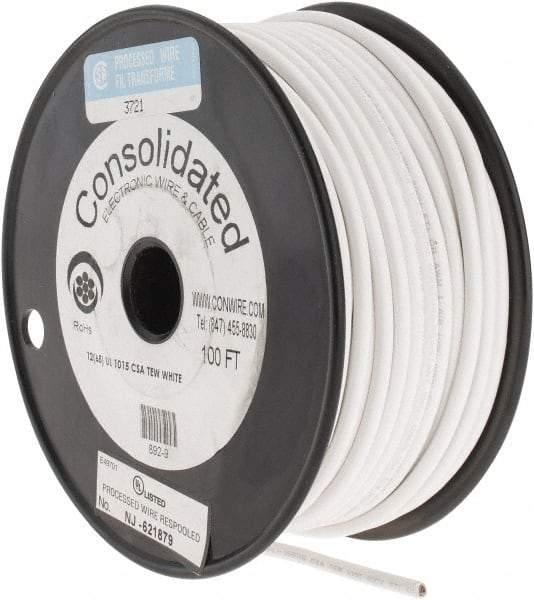 Made in USA - 12 AWG, 65 Strand, 100' OAL, Tinned Copper Hook Up Wire - White PVC Jacket, 0.155" Diam - Americas Industrial Supply