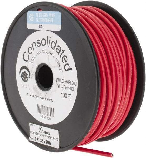 Made in USA - 12 AWG, 65 Strand, 100' OAL, Tinned Copper Hook Up Wire - Red PVC Jacket, 0.155" Diam - Americas Industrial Supply