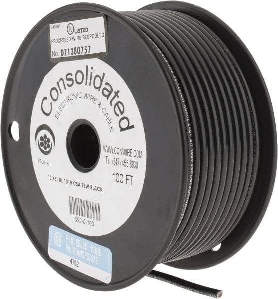 Made in USA - 12 AWG, 65 Strand, 100' OAL, Tinned Copper Hook Up Wire - Black PVC Jacket, 0.155" Diam - Americas Industrial Supply