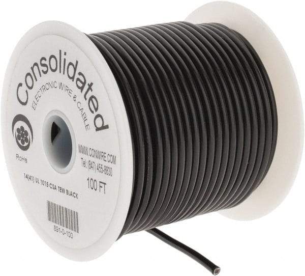 Made in USA - 14 AWG, 41 Strand, 100' OAL, Tinned Copper Hook Up Wire - Black PVC Jacket, 0.136" Diam - Americas Industrial Supply