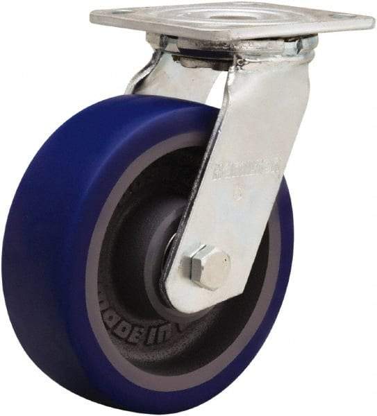 Hamilton - 6" Diam x 2" Wide x 7-1/2" OAH Top Plate Mount Swivel Caster - Polyurethane Mold onto Cast Iron Center, 900 Lb Capacity, Sealed Precision Ball Bearing, 4 x 4-1/2" Plate - Americas Industrial Supply