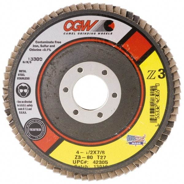 Camel Grinding Wheels - 80 Grit, 7" Disc Diam, 5/8-11 Center Hole, Type 27 Zirconia Alumina Flap Disc - 8,600 Max RPM, Poly Cotton Backing, Arbor Attaching System, Coated - Americas Industrial Supply