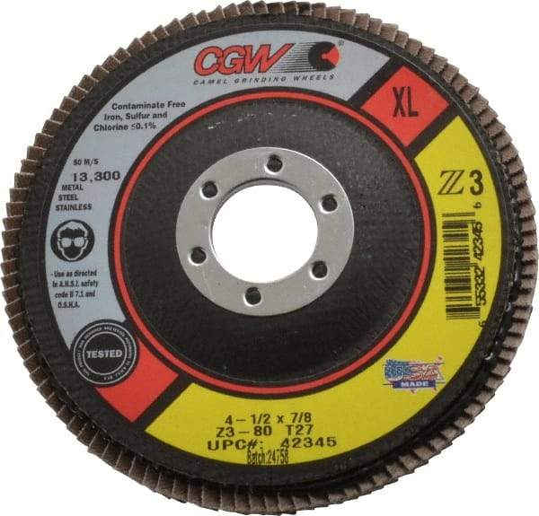 Camel Grinding Wheels - 80 Grit, 4-1/2" Disc Diam, 7/8" Center Hole, Type 27 Zirconia Alumina Flap Disc - 13,300 Max RPM, Poly Cotton Backing, Arbor Attaching System, Coated - Americas Industrial Supply