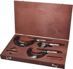 Starrett - 0 to 3" Range, 3 Piece Mechanical Outside Micrometer Set - 0.0001" Graduation, Ratchet Stop Thimble, Carbide Tipped Face - Americas Industrial Supply