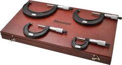 Starrett - 0 to 4" Range, 4 Piece Mechanical Outside Micrometer Set - 0.0001" Graduation, Ratchet Stop Thimble, Carbide Tipped Face - Americas Industrial Supply