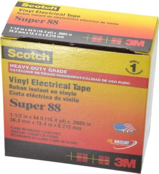 3M - 1-1/2" x 44', Black Vinyl Electrical Tape - Series 88, 8.5 mil Thick, 20 Lb./Inch Tensile Strength - Americas Industrial Supply