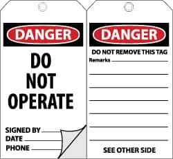 NMC - 3" High x 6" Long, DANGER - DO NOT OPERATE, English Safety & Facility Accident Prevention Tag - Tag Header: Danger, 2 Sides, Black, Red & White Self-Laminated Unrippable Vinyl - Americas Industrial Supply
