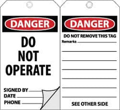 NMC - 3" High x 6" Long, DANGER - DO NOT OPERATE, English Safety & Facility Accident Prevention Tag - Tag Header: Danger, 2 Sides, Black, Red & White Self-Laminated Unrippable Vinyl - Americas Industrial Supply