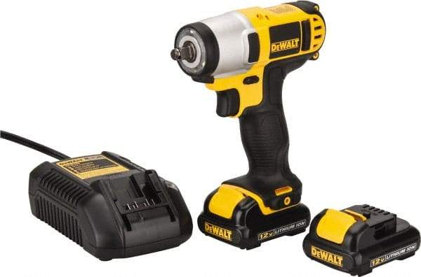 DeWALT - 3/8" Drive 12 Volt Pistol Grip Cordless Impact Wrench & Ratchet - 2,450 RPM, 0 to 3,400 BPM, 96 Ft/Lb Torque, 2 Lithium-Ion Batteries Included - Americas Industrial Supply