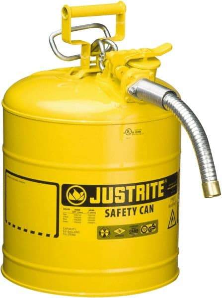Justrite - 5 Gal Galvanized Steel Self-Closing, Self-Venting, Full-Length Flame Arrester - 16-7/8" High x 11-3/4" Diam, Yellow - Americas Industrial Supply