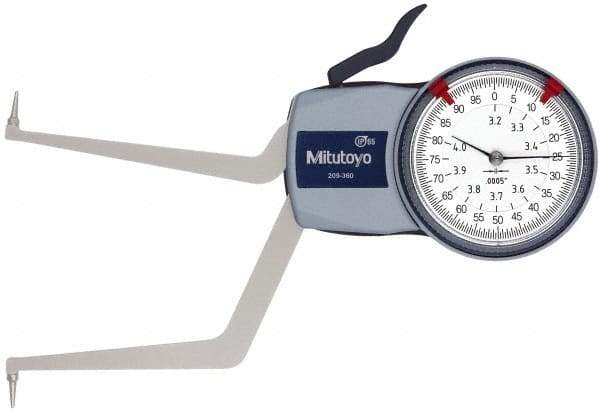 Mitutoyo - 3.2 to 4" Inside Dial Caliper Gage - 0.0005" Graduation, 0.0015" Accuracy, 3.3" Leg Length, 0.31" Deep x 0.06" Wide Groove, Ball Contact Points - Americas Industrial Supply